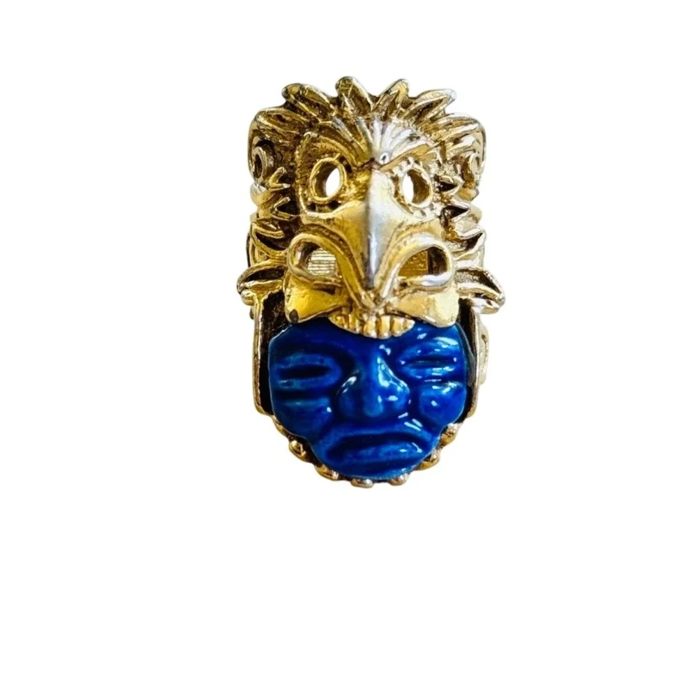 Salvador Teran Marbel Aztec Eagle Warrior Ring Statement Motif Modernist 50s sz7